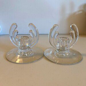 Vintage Pair of Heisey Crystolite Candle Holders Clear Art Deco 4.5” x 5”